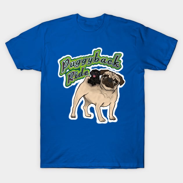 Puggyback Ride (reverse pug colours) T-Shirt by FivePugs